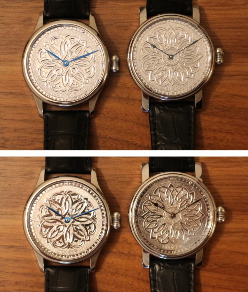A photo showing how two Ornatus watches change appearance in different lighting conditions